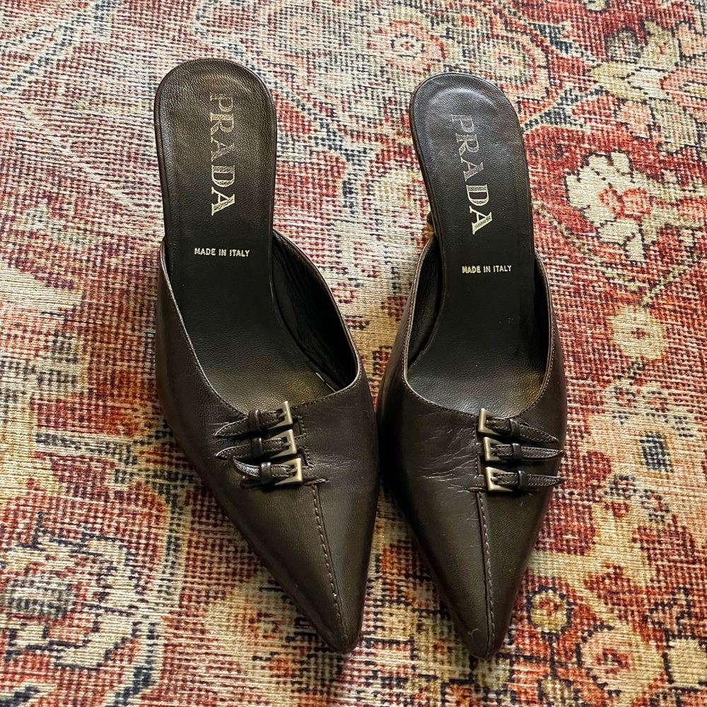 Brown Prada Buckle Kitten Heels